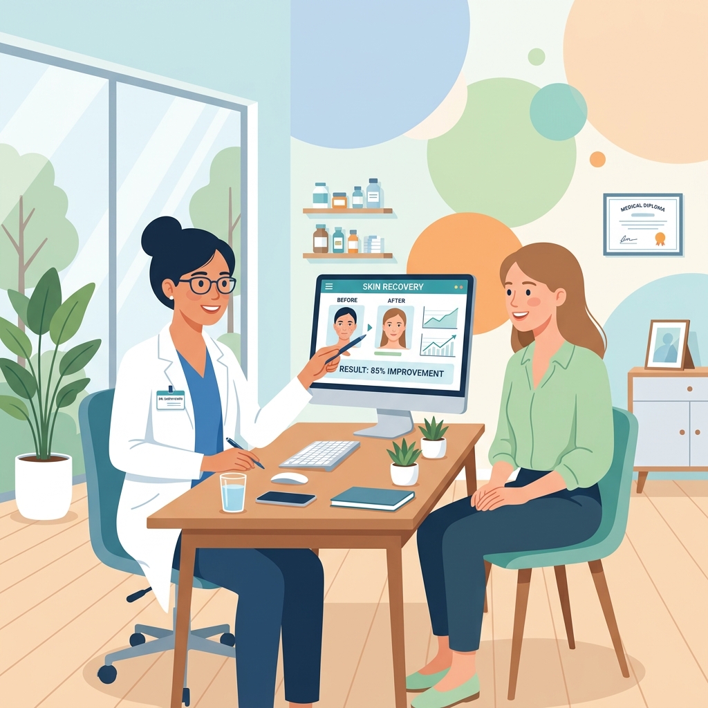 Dermatologista e paciente avaliando resultados na tela do computador no consultório