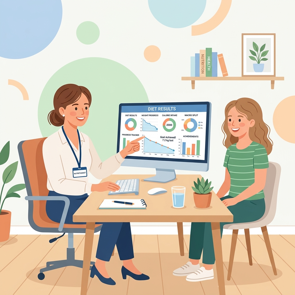 Nutricionista mostrando resultados e gráficos na tela de um computador para o paciente