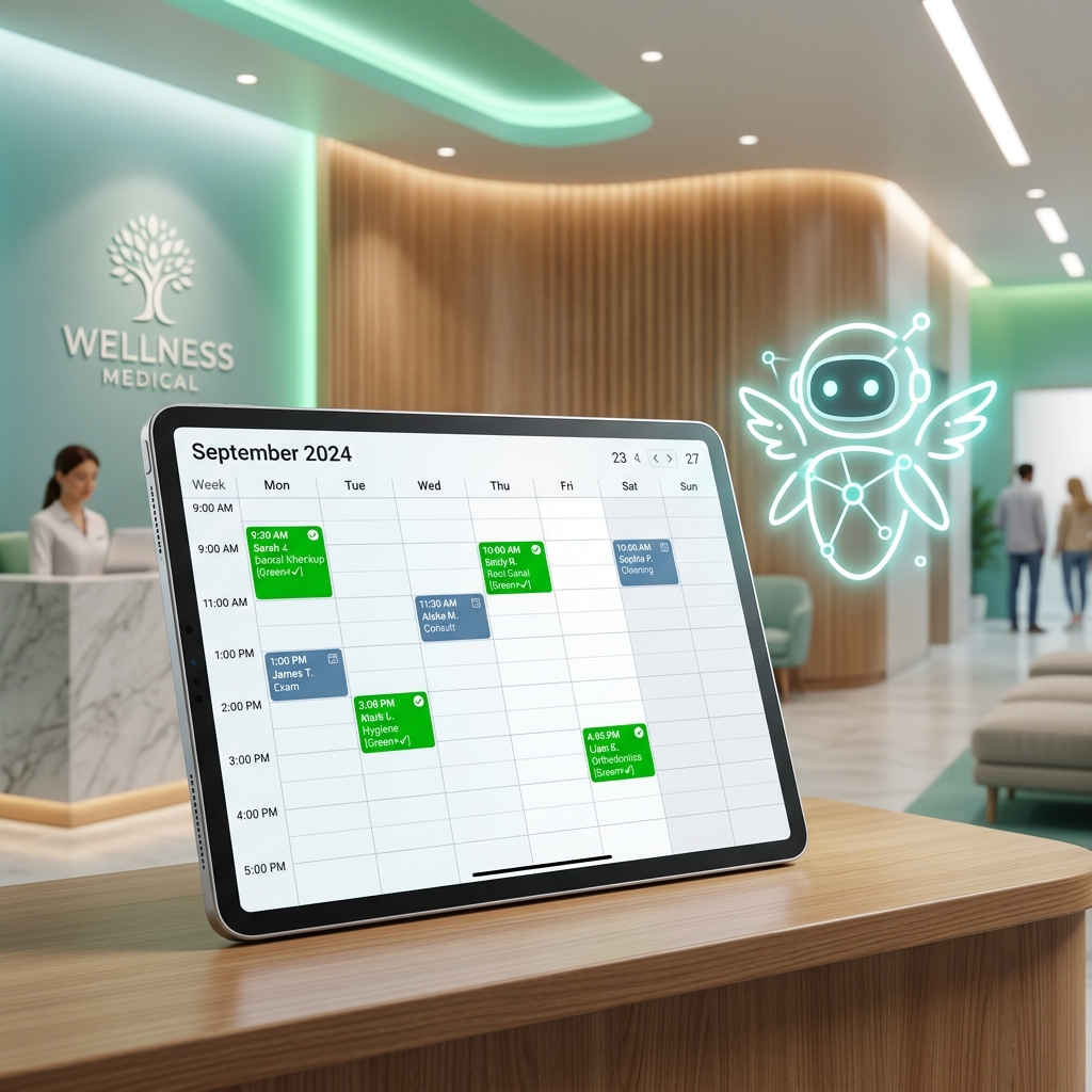 Tablet exibindo calendário com horários preenchidos em verde e um assistente inteligente holográfico brilhando em recepção de clínica médica.