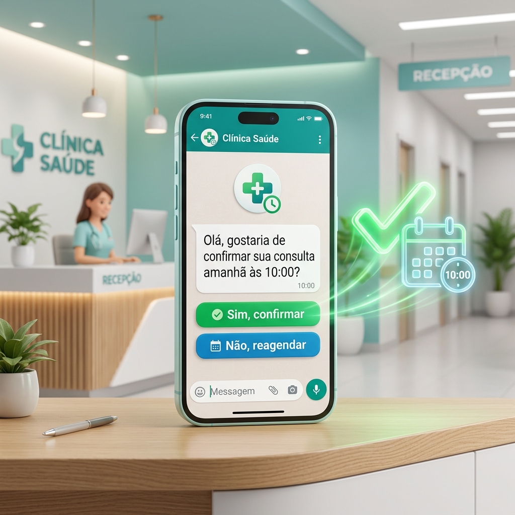 Smartphone exibindo mensagem de confirmação de consulta no WhatsApp com botões de resposta rápida e ícone holográfico de checkmark em recepção de clínica médica.