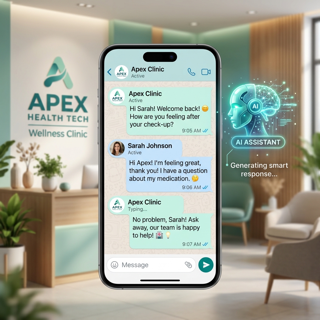 Smartphone mostrando chat de WhatsApp com paciente ao lado de holograma de inteligência artificial gerando respostas inteligentes em recepção de clínica médica.