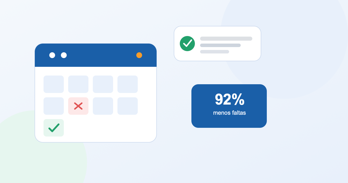 Ilustração de uma agenda digital com um horário cancelado marcado em vermelho e um selo de 92% menos faltas
